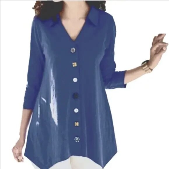 SOFT SURROUNDINGS Danielle Button ¾ Sleeve Navy Top Tunic – Med - Picture 1 of 8